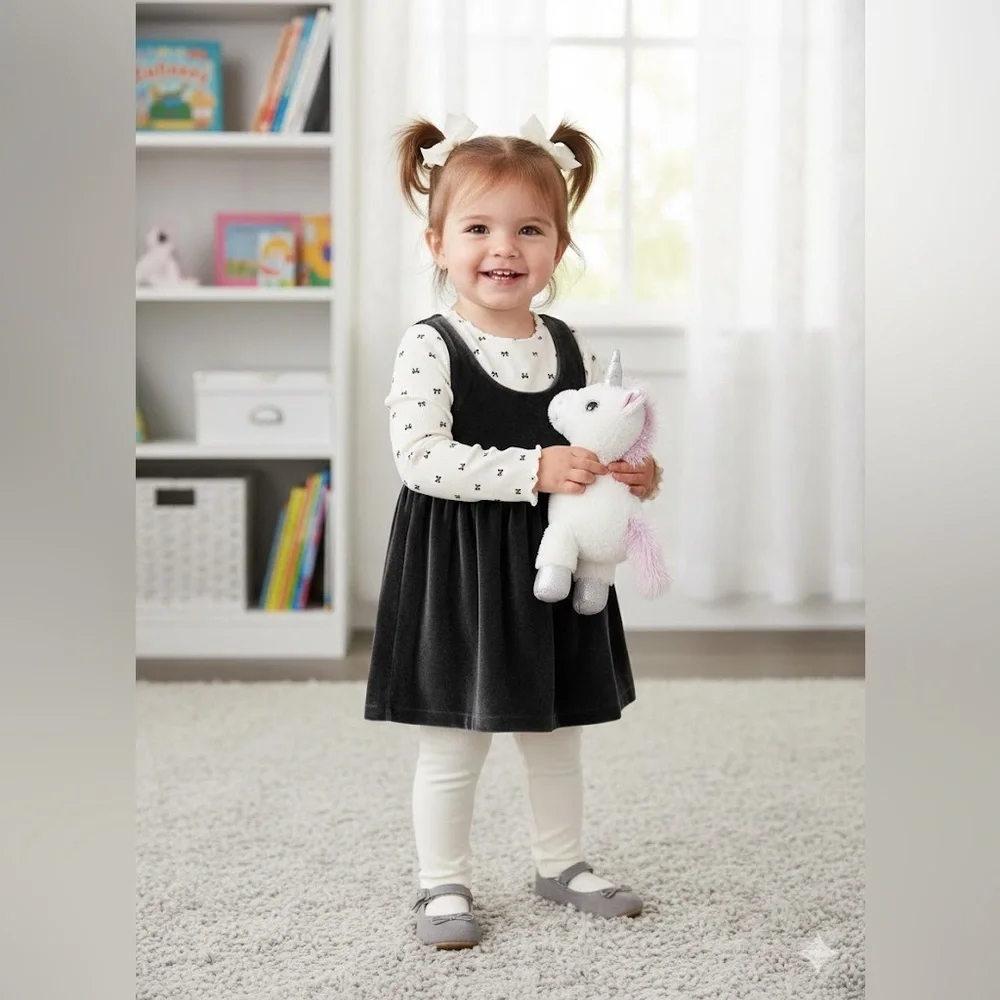 Carter’s Adorable Black Dress With White Long Sleeve Top Girls Set 3 Pieces